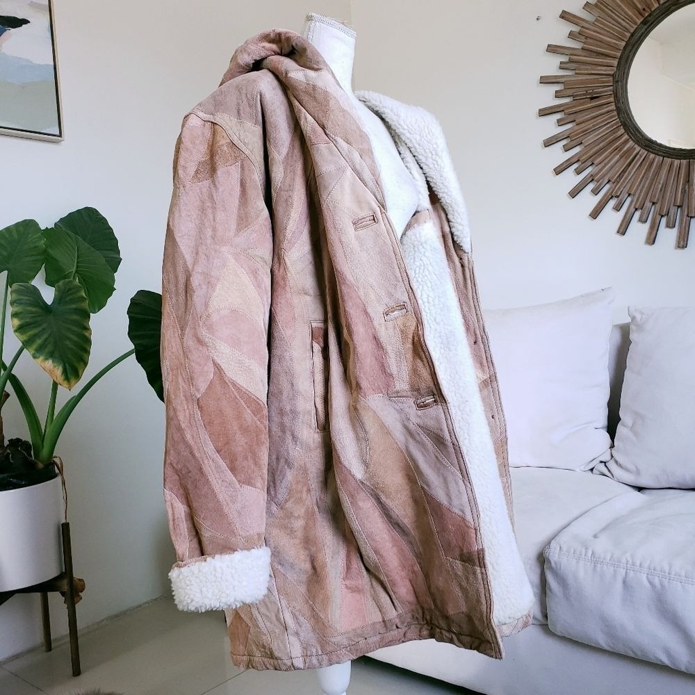Leather Patchwork Shearling Lined Oversized Butto… - image 6